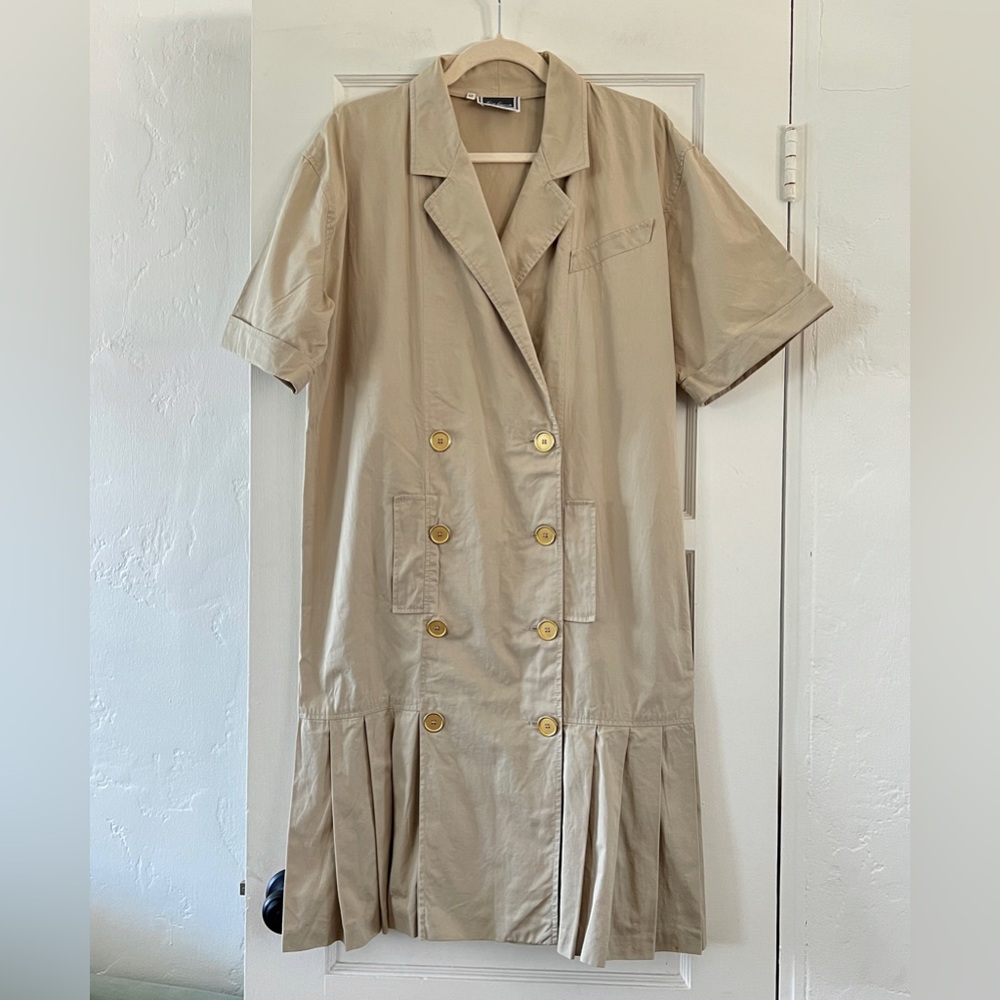 Vintage Italian Luisa Spagnoli cotton khaki tan double breasted Trench Dress 46